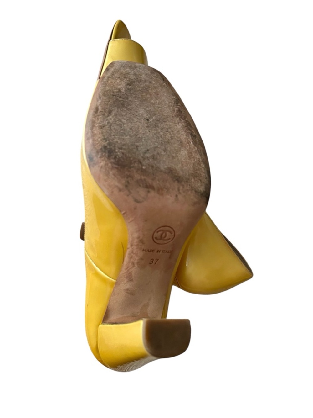 CHANEL Yellow Peep-Toe Patent Leather Pumps- Sz 37/6.5US - Picture 6 of 7